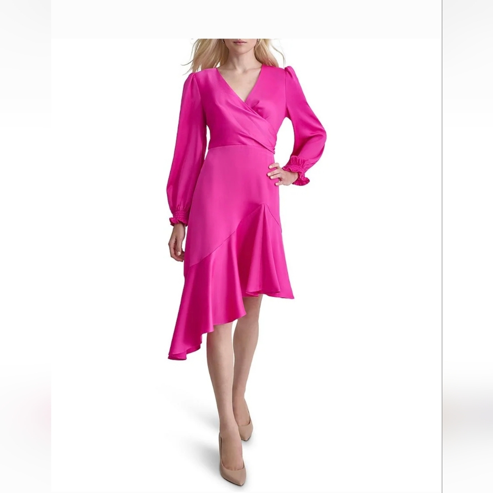 DKNY Donna Karan Surplice V-Neck Long Balloon Sleeve Asymmetrical Hem Faux dress